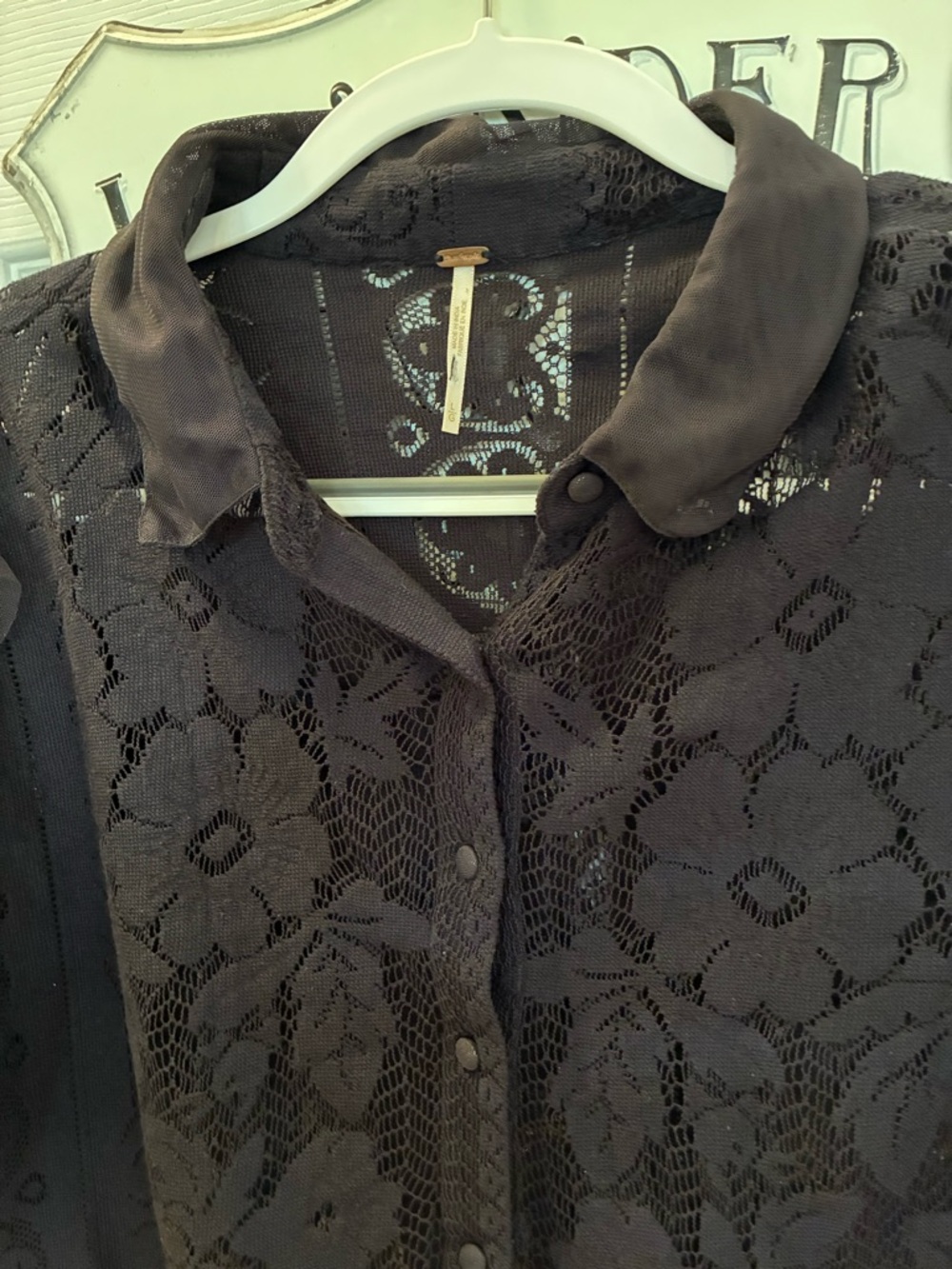 Free People, Madonna, Black Lace Sheer Ruffle Sleeve Cropped Top - Picture 3 of 13